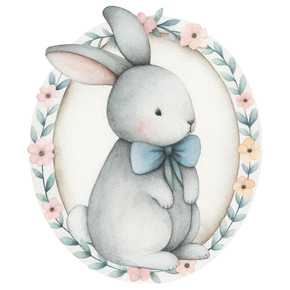 charming bunny with blue bow in floral frame, evoking joy. Clipart Photo isolated on transparency background png