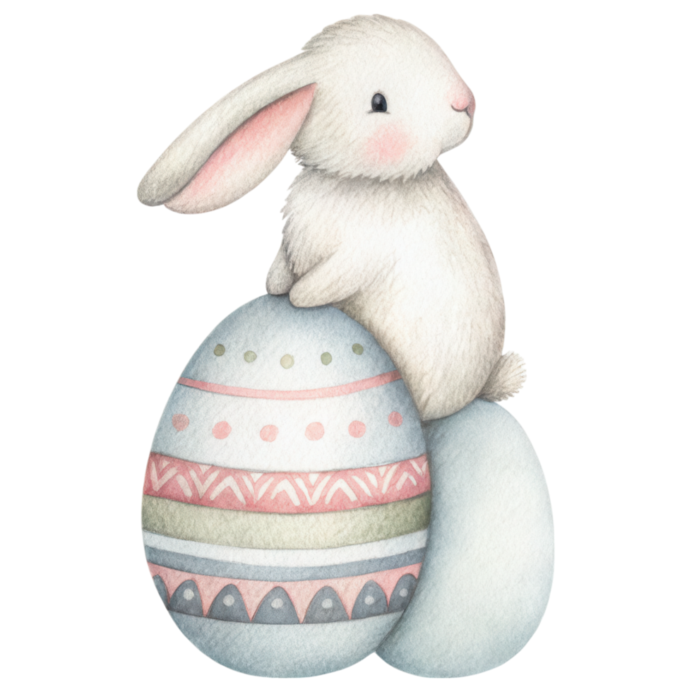 cute bunny sitting on decorated Easter eggs, perfect for spring. Clipart Photo isolated on transparency background png