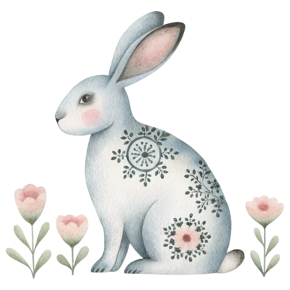 vintage style rabbit illustration with floral details and soft colors. Clipart Photo isolated on transparency background png