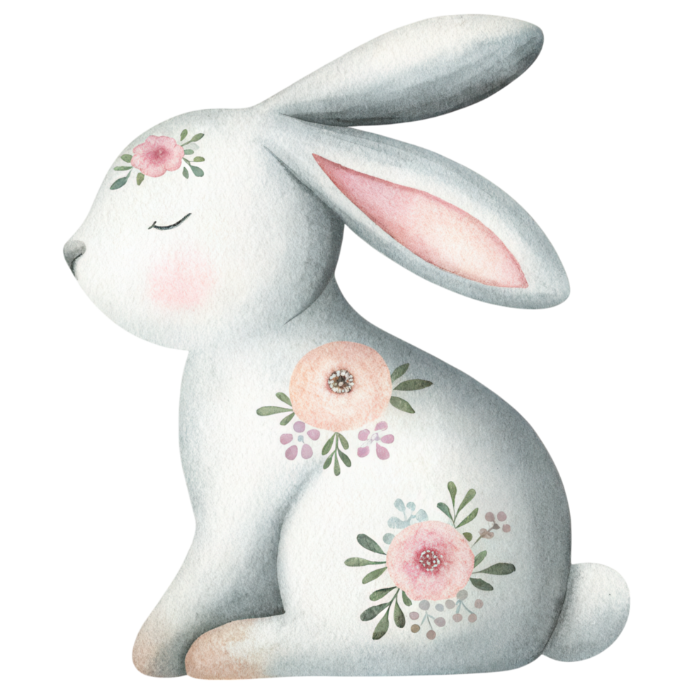 Hand painted porcelain rabbit with floral embellishments, serene expression Clipart Photo isolated on transparency background png