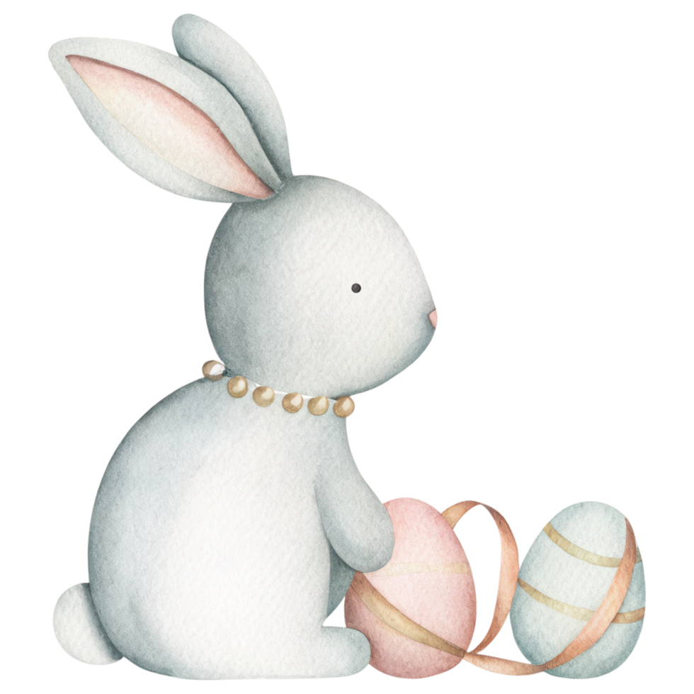 soft watercolor bunny with delicate gold accents and pastel eggs Clipart Photo isolated on transparency background png