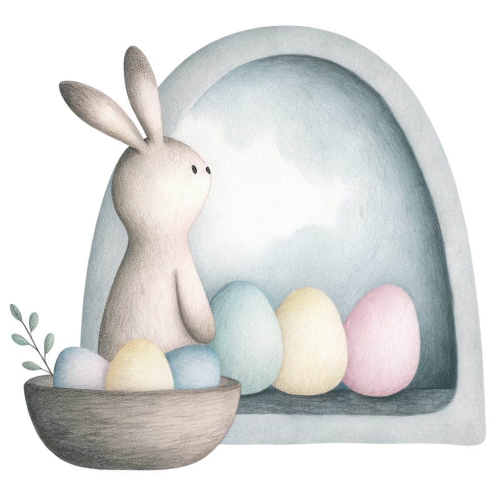 cute rabbit watching over colorful Easter eggs in nest. Clipart Photo isolated on transparency background png