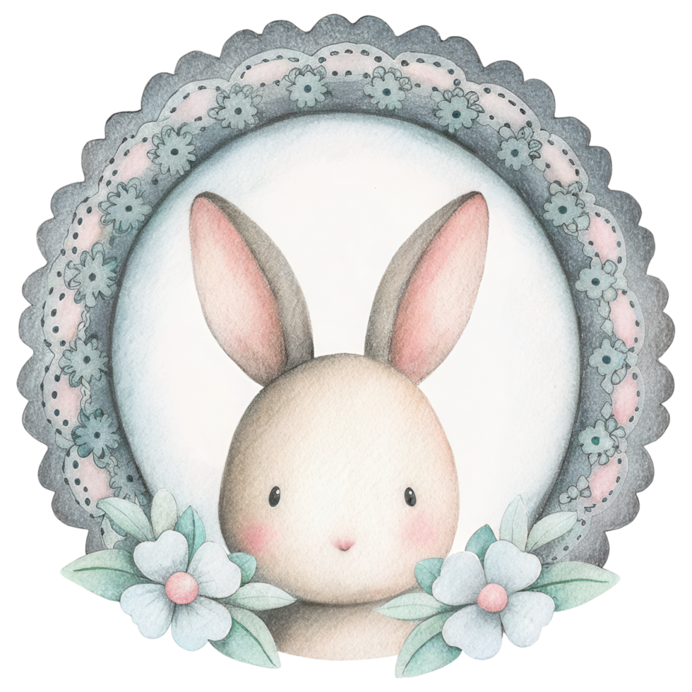 Cute rabbit illustration with flowers and lace border Clipart Photo isolated on transparency background png