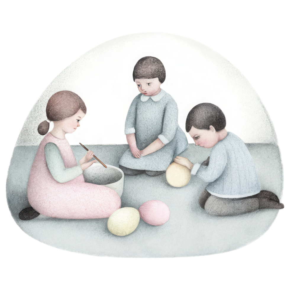 Children painting eggs in playful, artistic scene. Clipart Photo isolated on transparency background png