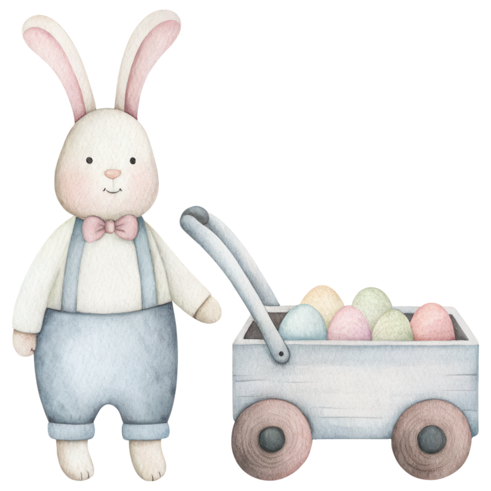 Cute vintage Easter bunny with cart of colorful eggs. Clipart Photo isolated on transparency background png