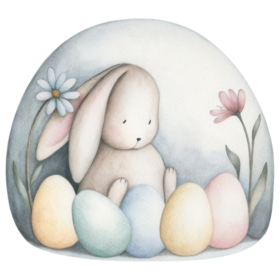 soft watercolor illustration of bunny with pastel eggs and flowers Clipart Photo isolated on transparency background png