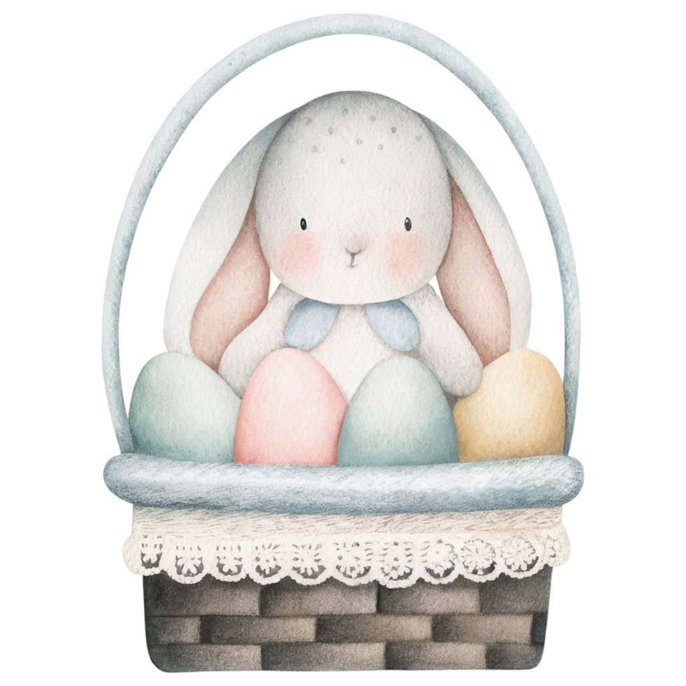 nostalgic rabbit sits in wicker basket filled with colorful eggs. Clipart Photo isolated on transparency background png