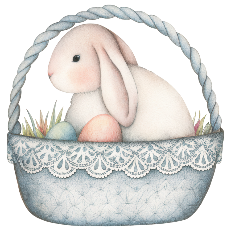 soft pastel bunny sits in lace covered basket with colorful eggs. Clipart Photo isolated on transparency background png