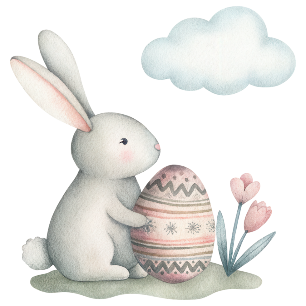 cute rabbit holding decorative egg with flowers nearby Clipart Photo isolated on transparency background png