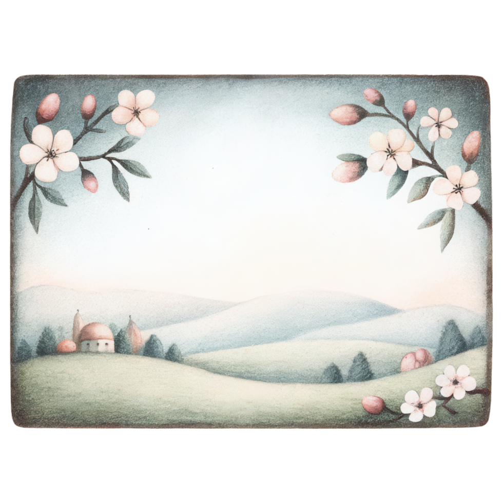 serene vintage postcard featuring tranquil landscape with flowers Clipart Photo isolated on transparency background png