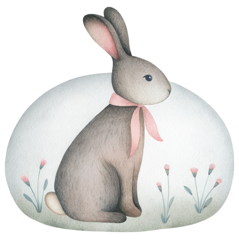 sepia toned rabbit with pink ribbon sits among flowers, evoking serene atmosphere. Clipart Photo isolated on transparency background png