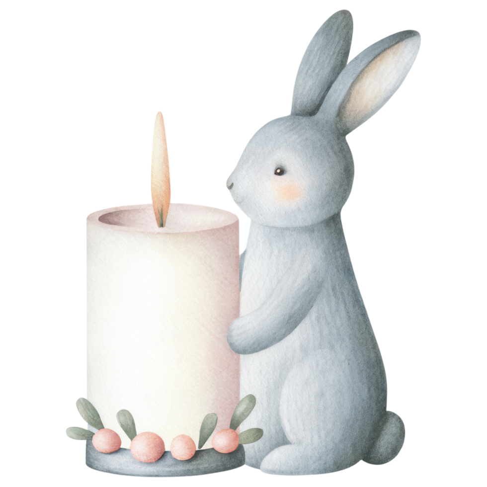 cute bunny holding candle with soft glow and decorative elements. Clipart Photo isolated on transparency background png