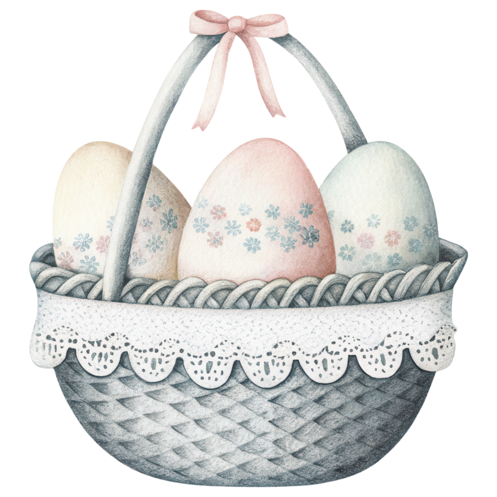 vintage basket filled with hand painted Easter eggs, showcasing pastel colors and Clipart Photo isolated on transparency background png