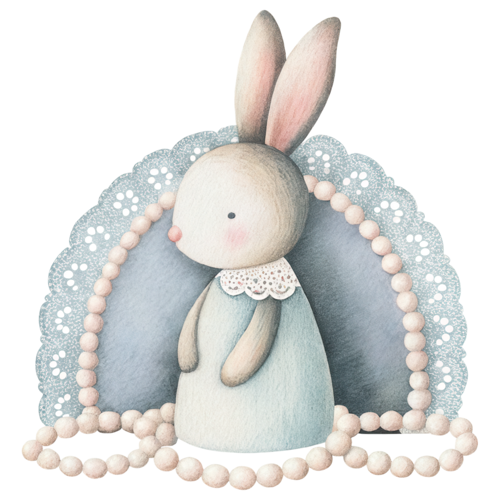 soft, romantic illustration of bunny with lace and beads. Clipart Photo isolated on transparency background png