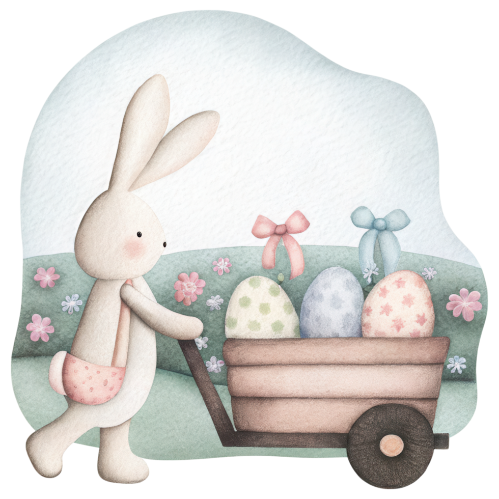 Cute bunny pulling cart filled with colorful Easter eggs and flowers. Clipart Photo isolated on transparency background png