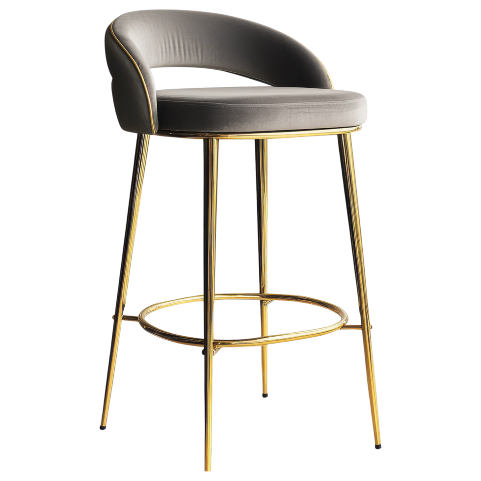 Minimalist bar stool with gold accents and soft gray upholstery clip art on a transparency background png