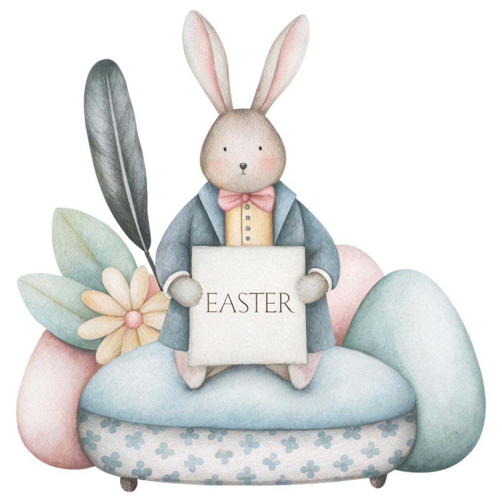 Easter bunny holding sign with Easter surrounded by flowers Clipart Photo isolated on transparency background png