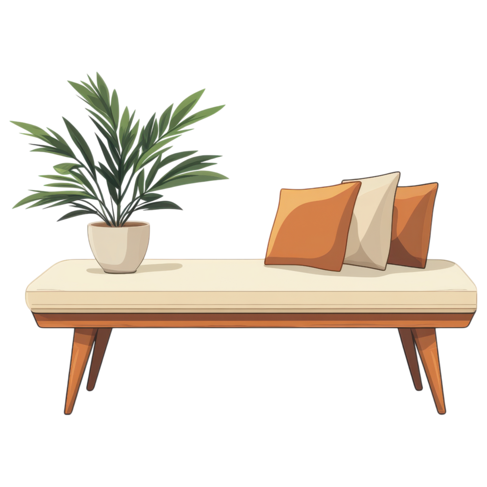 Minimalist bed bench with cushions and potted plant on transparency background clip art on a transparency background png