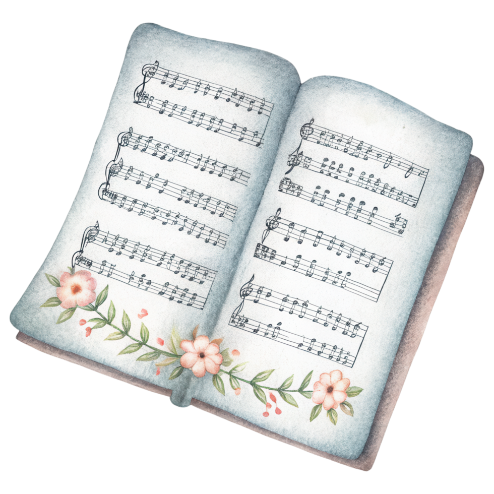 beautifully aged music sheet featuring floral designs and notes Clipart Photo isolated on transparency background png