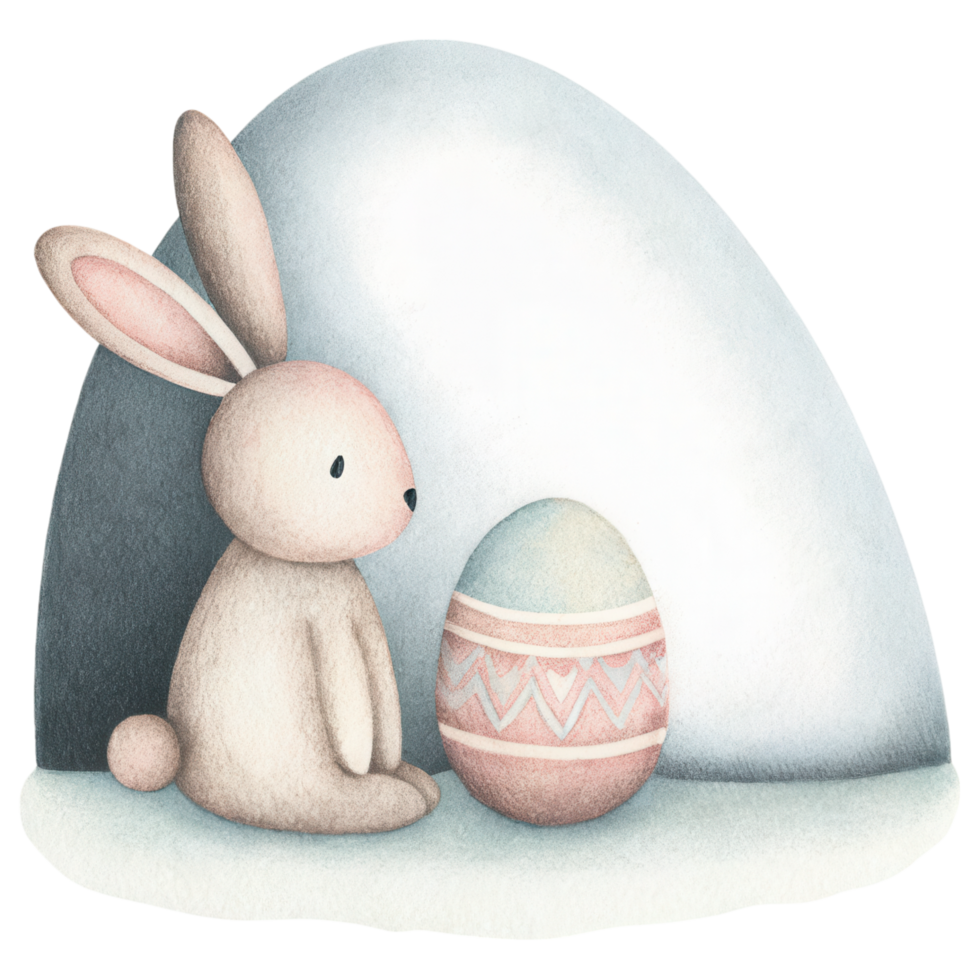 cute bunny sitting beside decorated Easter egg in soft colors. Clipart Photo isolated on transparency background png
