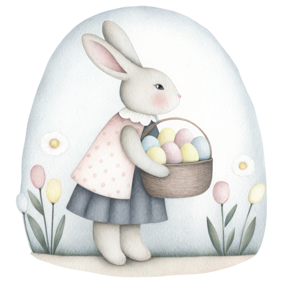vintage style rabbit carrying basket of pastel eggs in garden Clipart Photo isolated on transparency background png