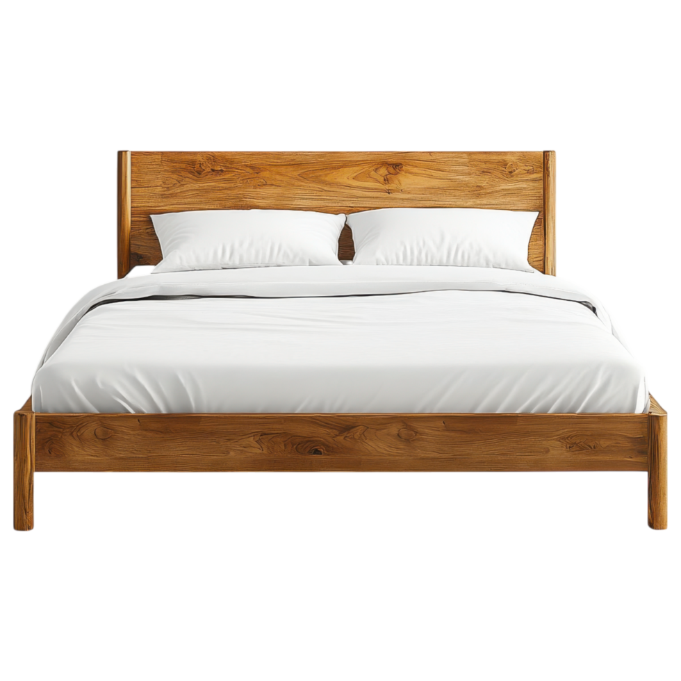Minimalist bed with wooden frame and white bedding, perfect for modern decor. clip art on a transparency background png