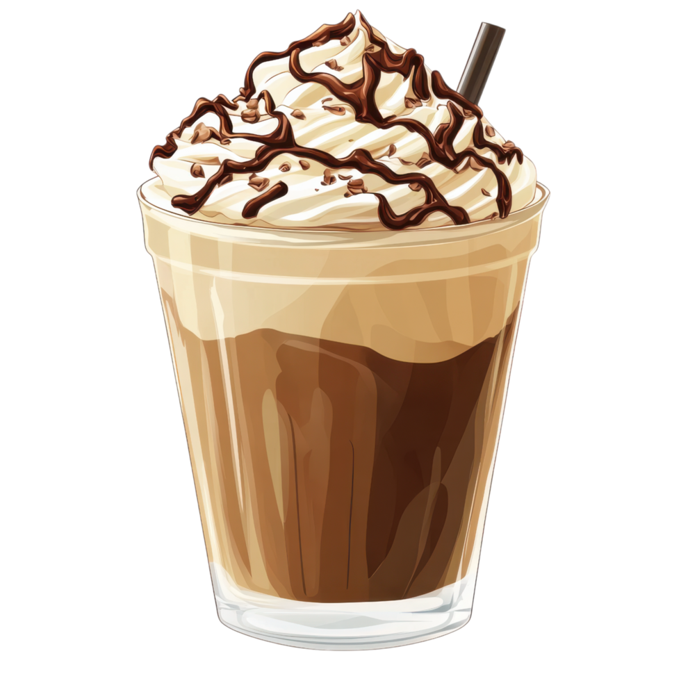 Creamy mocha drink topped with whipped cream and chocolate drizzle clip art on a transparency background png