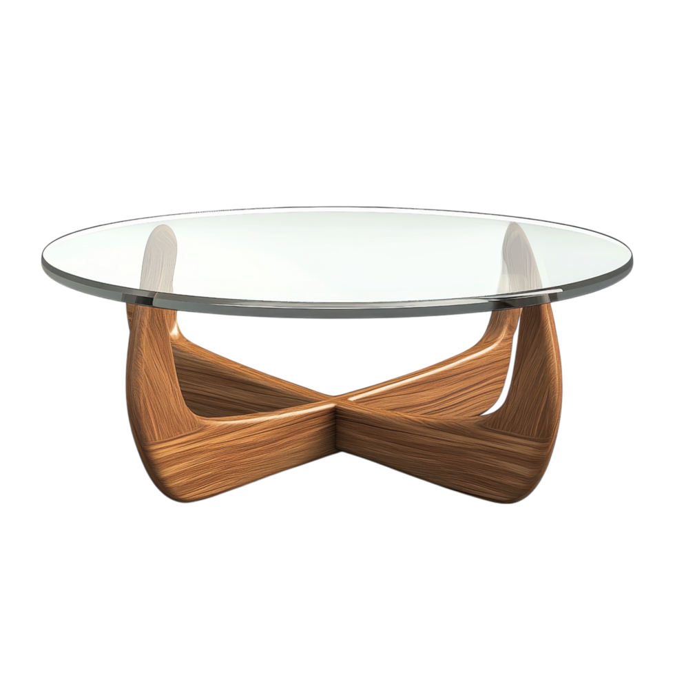 Modern coffee table with glass top and wooden base, stylish design. clip art on a transparency background png