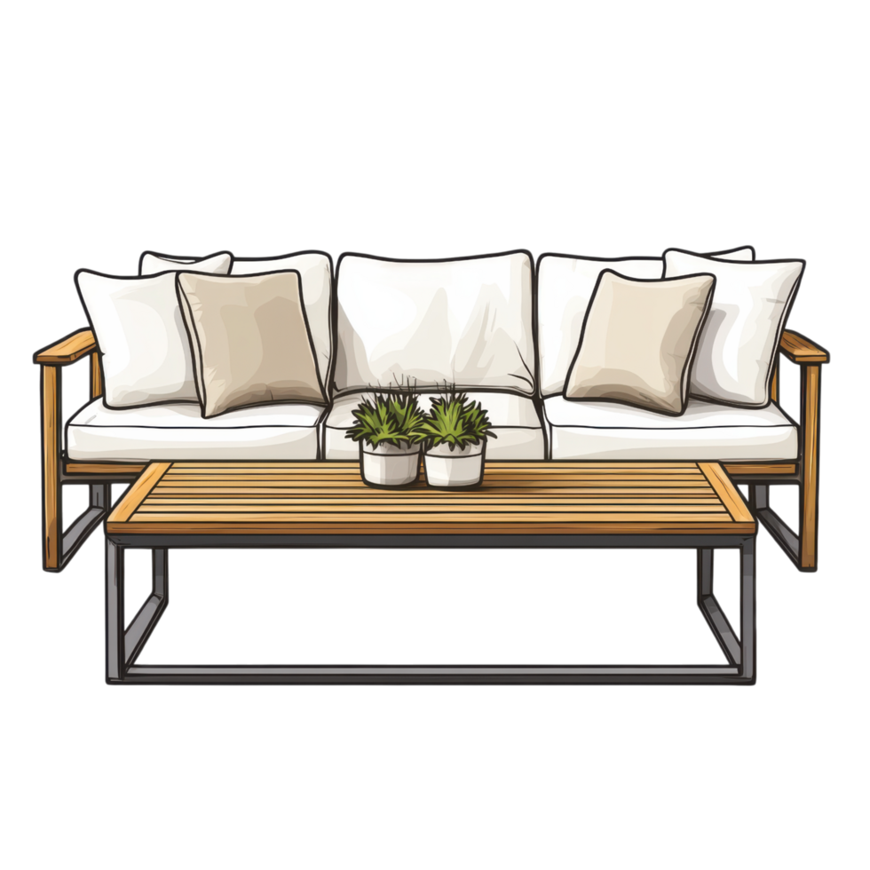 Modern outdoor patio set with neutral cushions and wooden table clip art on a transparency background png
