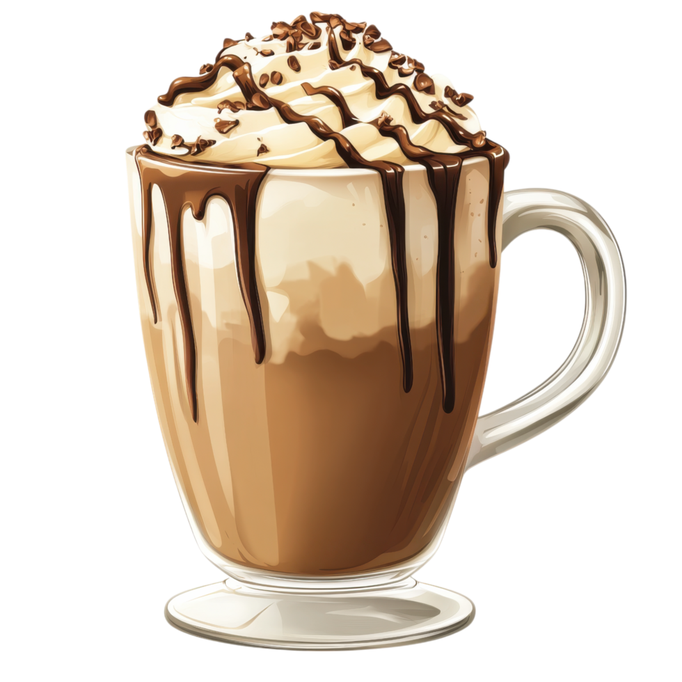 Delicious mocha with chocolate drizzle and whipped cream topping clip art on a transparency background png