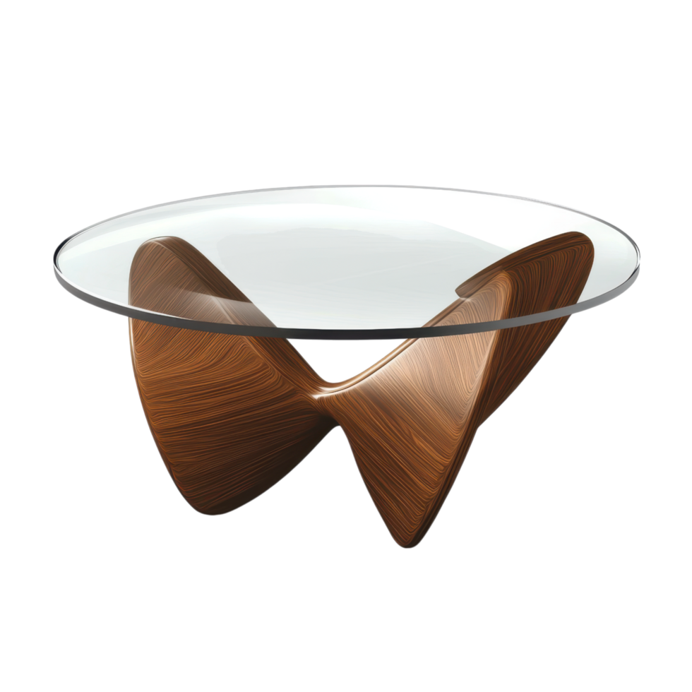 Modern coffee table with glass top and unique wooden base design. clip art on a transparency background png