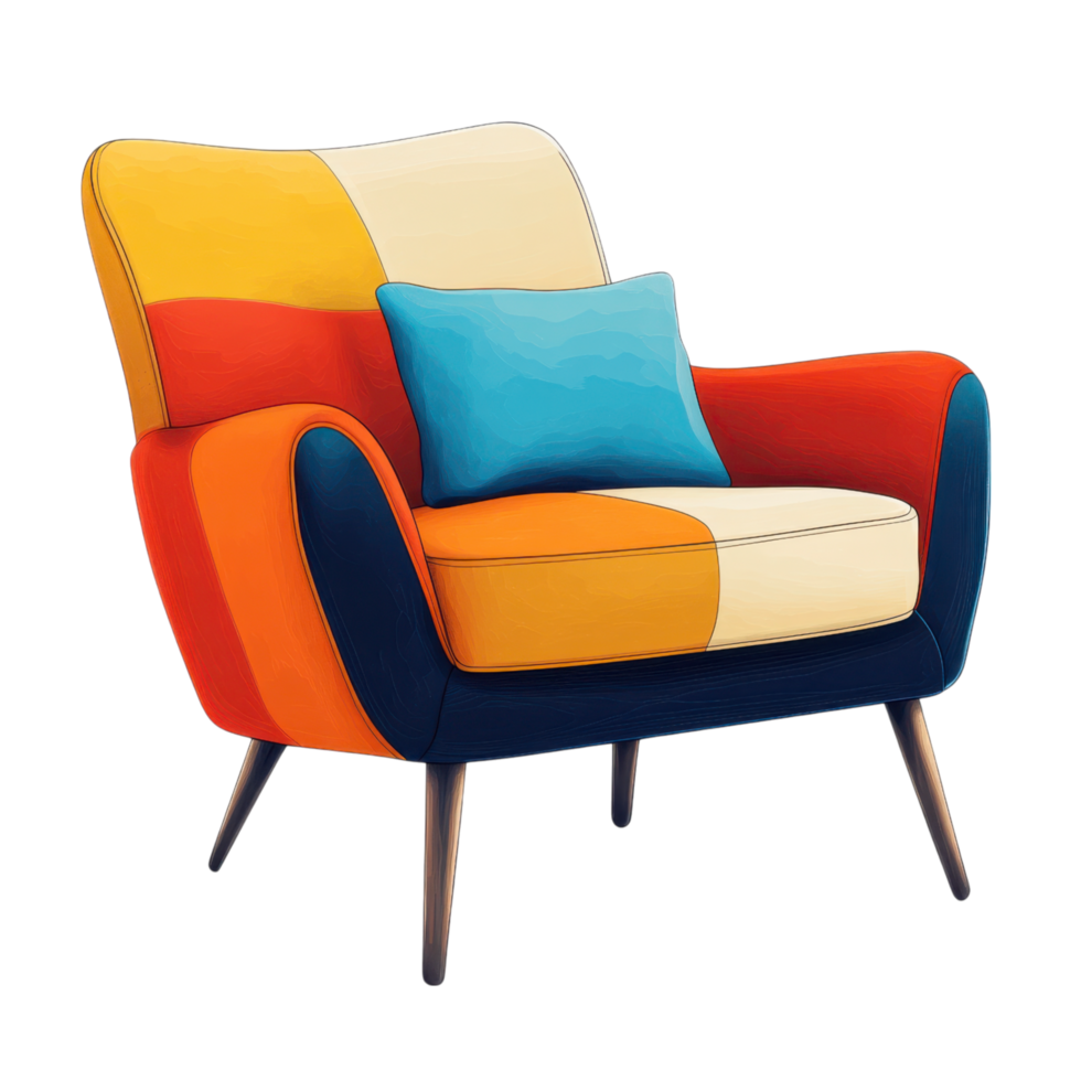 Retro inspired accent chair with bold colors and cushion clip art on a transparency background png
