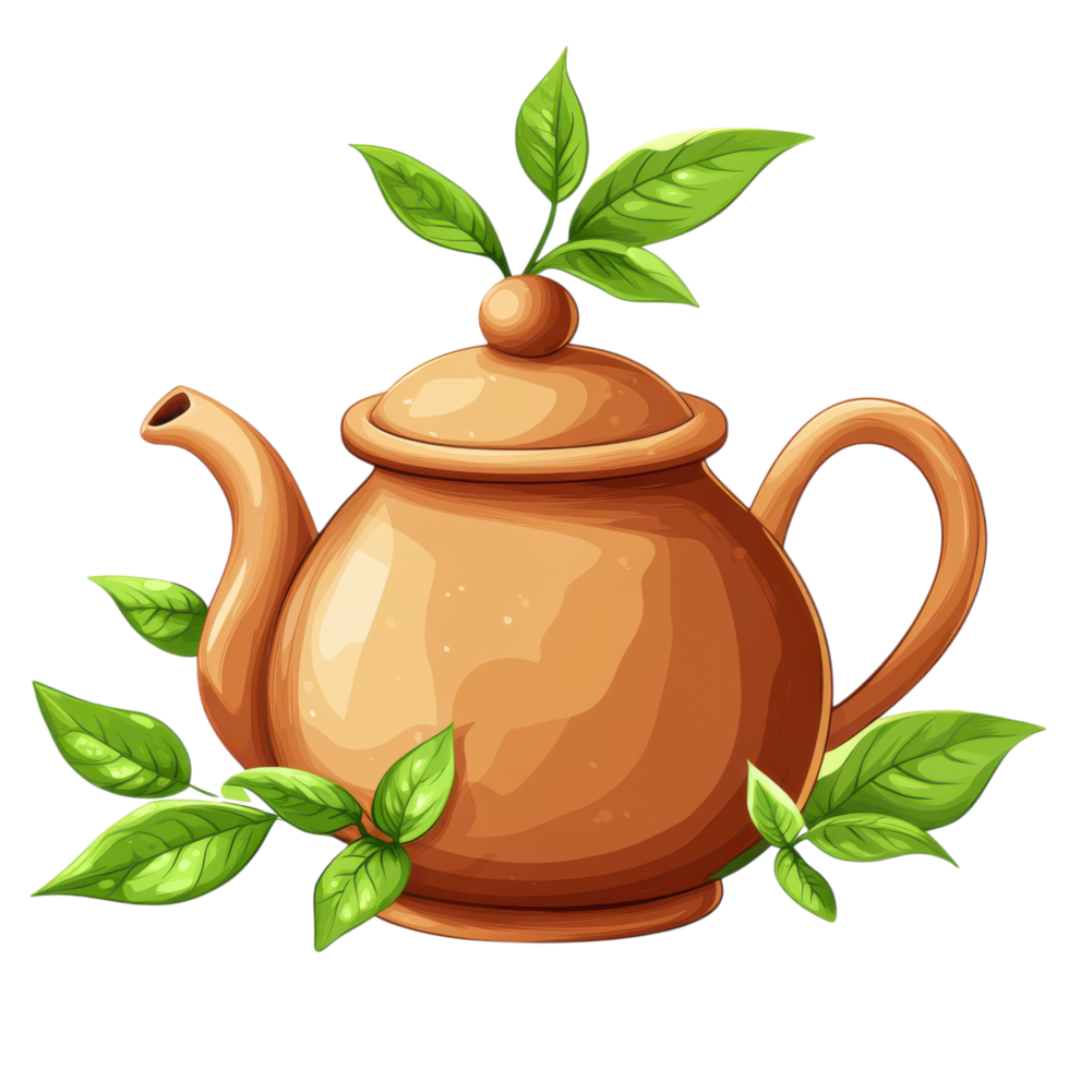 clay teapot with green leaves, symbolizing tranquility and nature. clip art on a transparency background png