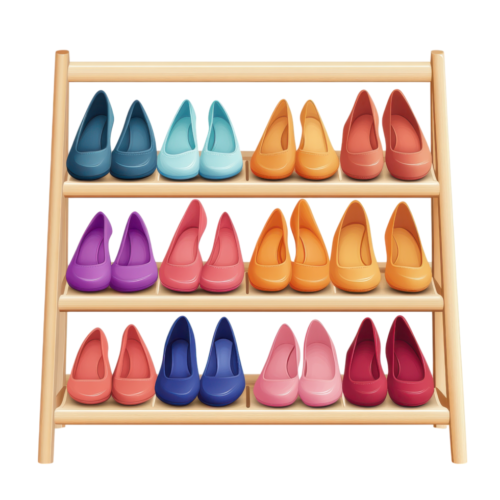 Modern multi tiered shoe rack displaying colorful shoes in various shades clip art on a transparency background png