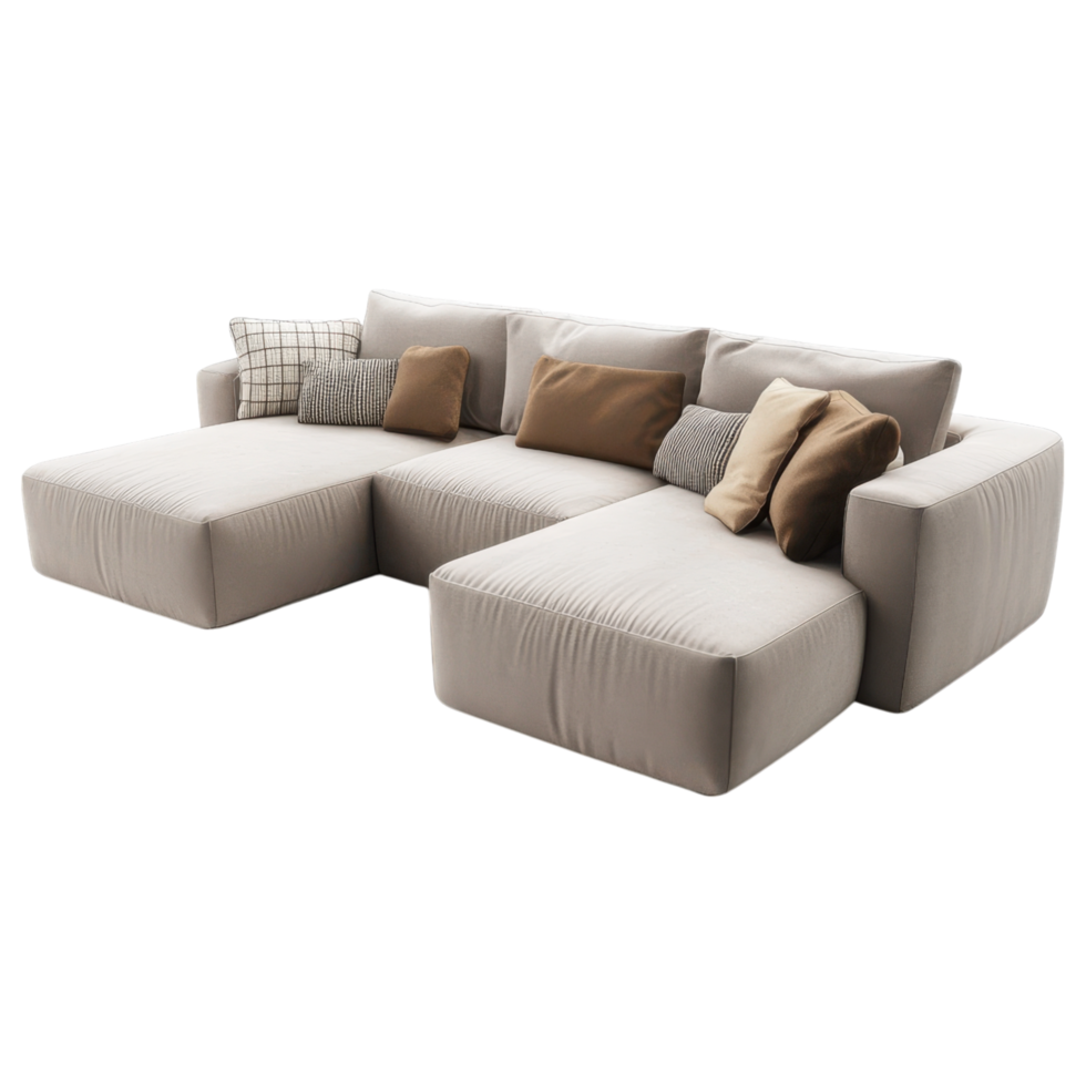 Sleek L shaped sofa in neutral tones with cozy cushions for comfort clip art on a transparency background png