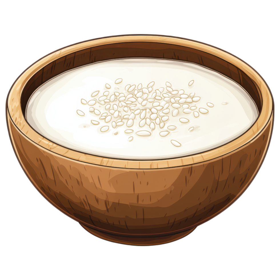 Rice milk in wooden bowl with sesame seeds on top, healthy choice clip art on a transparency background png