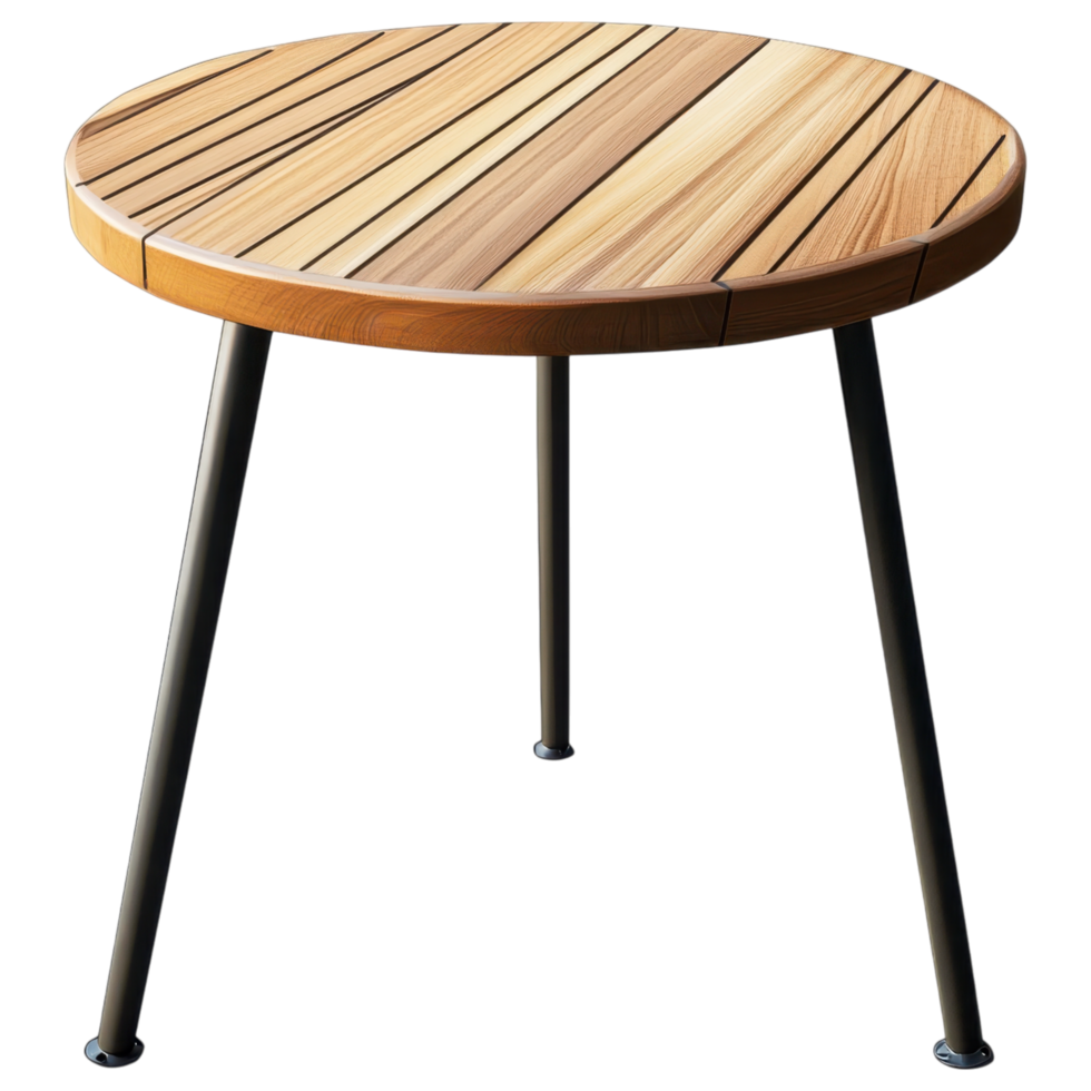 Round wooden side table with metal legs, perfect for modern decor. png