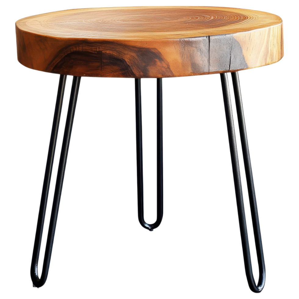 Round wooden side table with metal legs, perfect for modern decor on a transparency background png