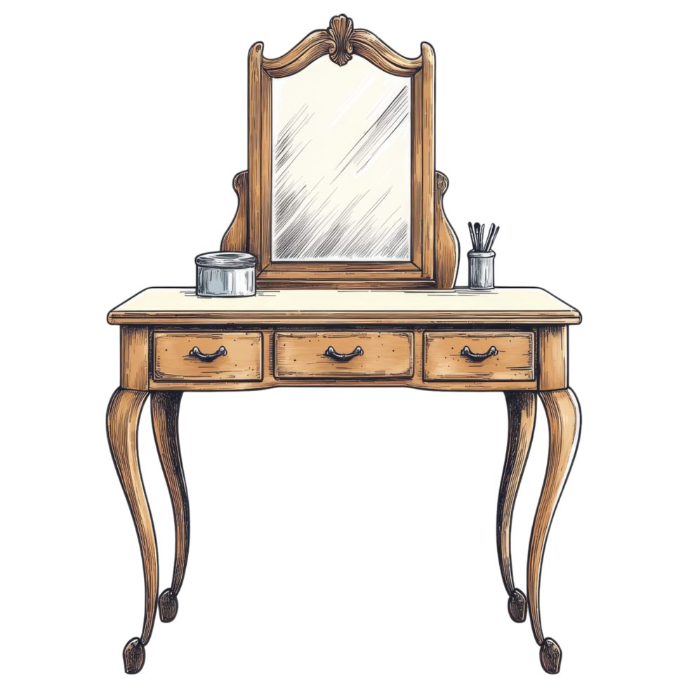 Stylish wooden dressing table with mirror and drawers for storage clip art on a transparency background png