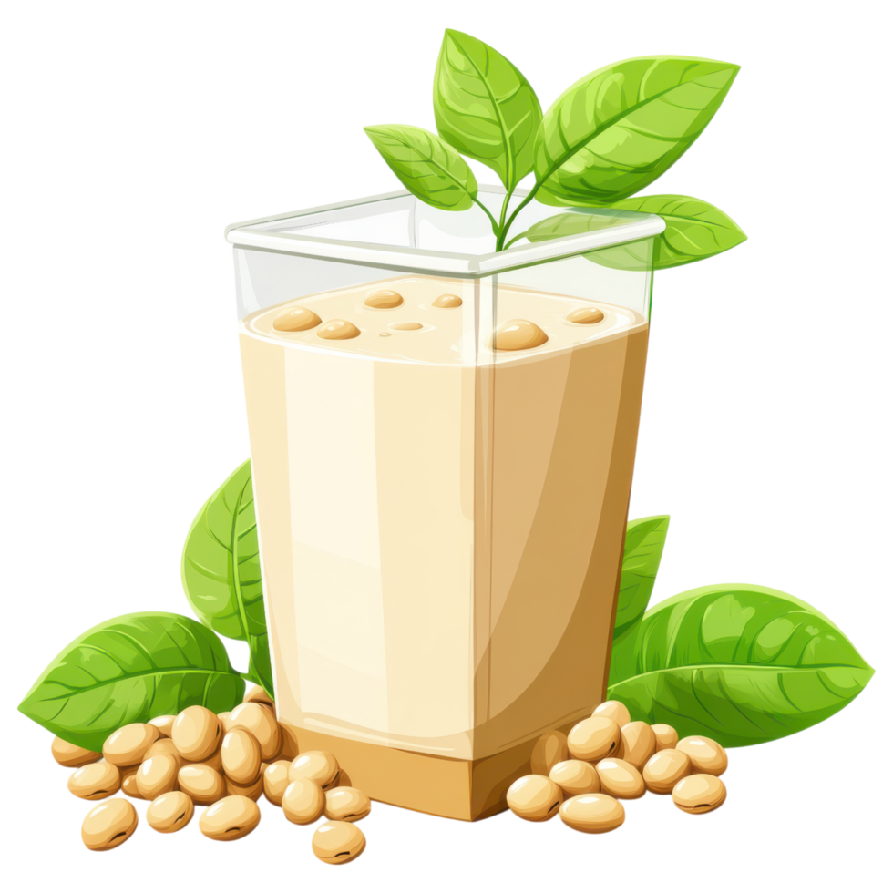 Soy milk in glass with soybeans and green leaves, fresh and healthy clip art on a transparency background png