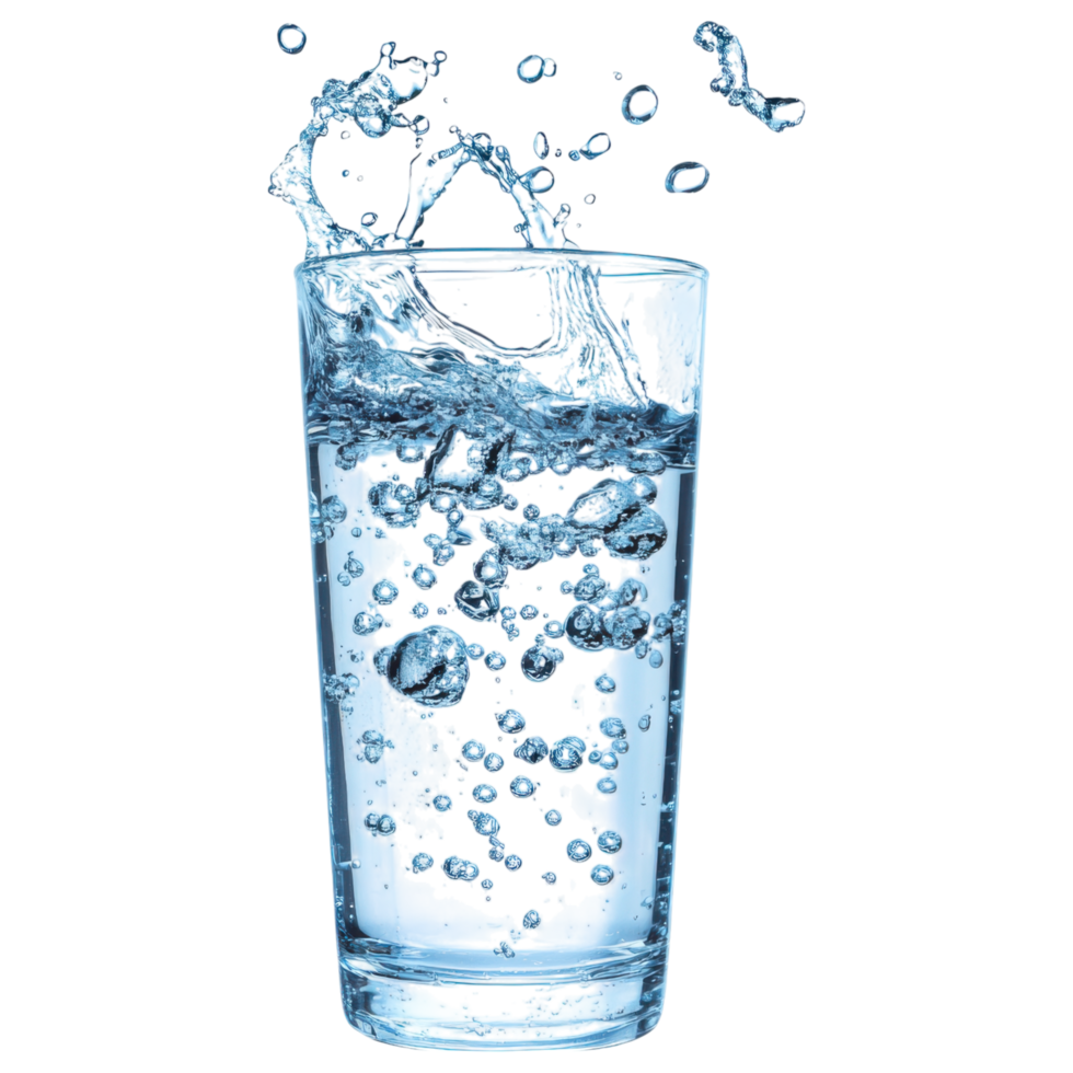 Fresh sparkling water with bubbles splashing in clear glass. clip art on a transparency background png