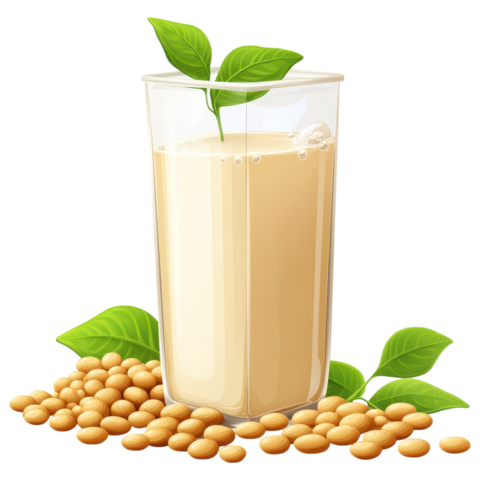 Fresh soy milk in glass with soybeans and green leaves clip art on a transparency background png
