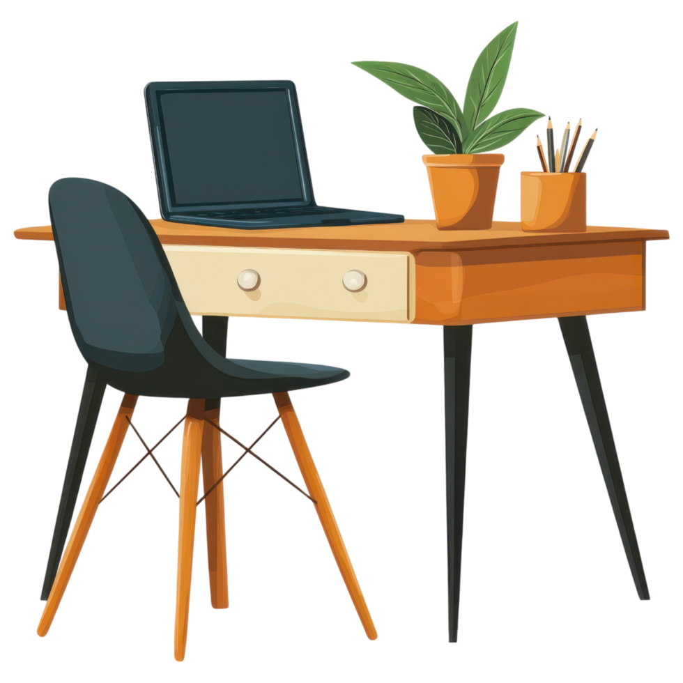 Stylish desk with chair, laptop, and potted plant for workspace clip art on a transparency background png