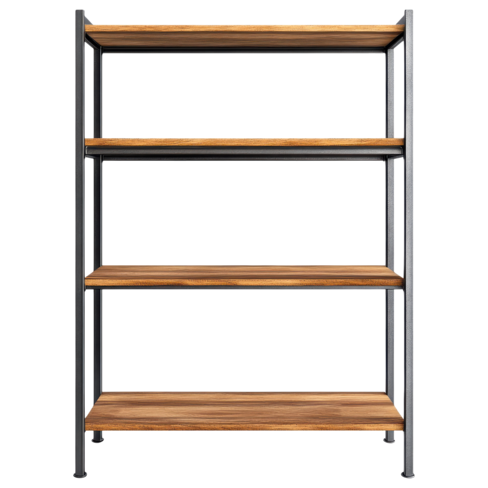Modern metal framed bookshelf with open wooden shelves for storage clip art on a transparency background png