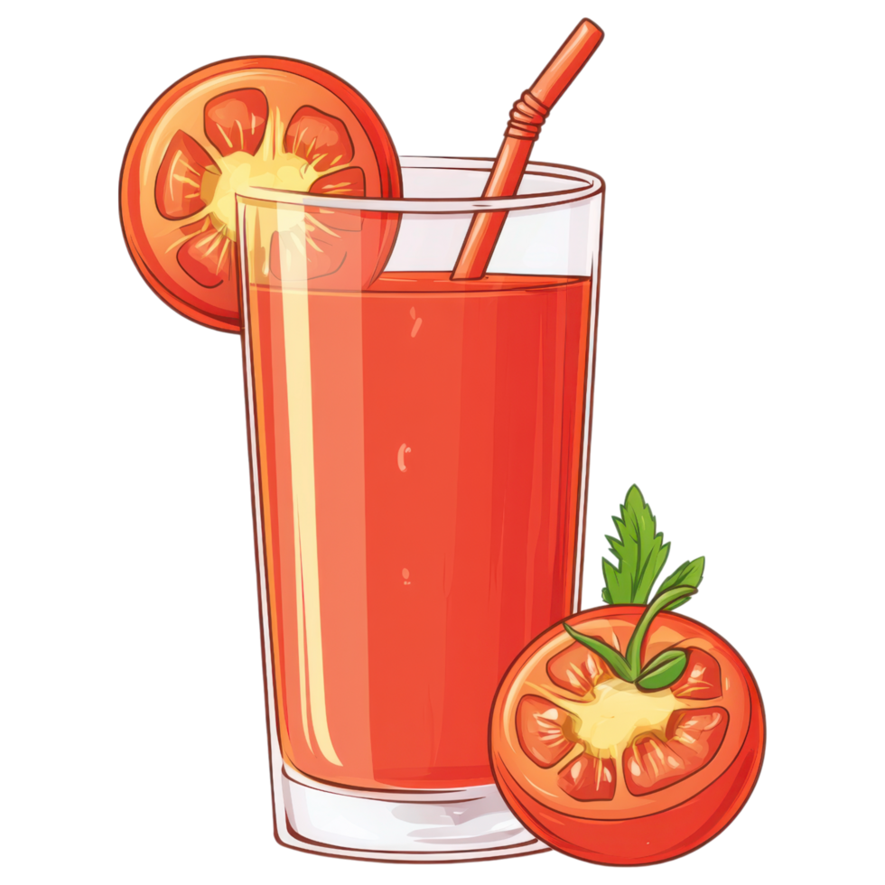 Fresh tomato juice in glass with straw and tomato slices clip art on a transparency background png