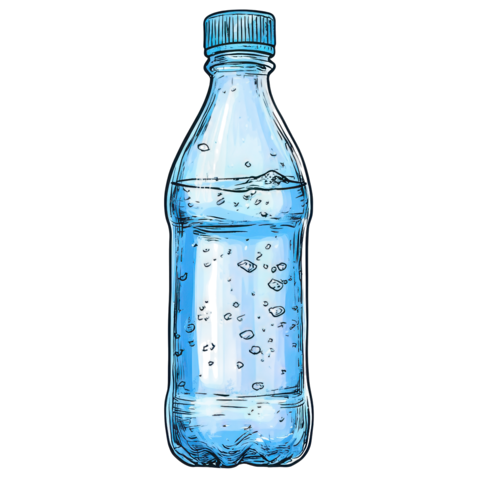 Refreshing blue tinted bottle filled with mineral water and bubbles clip art on a transparency background png