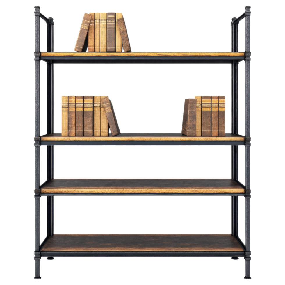 Metal framed bookshelf with open shelves and stacked books clip art on a transparency background png