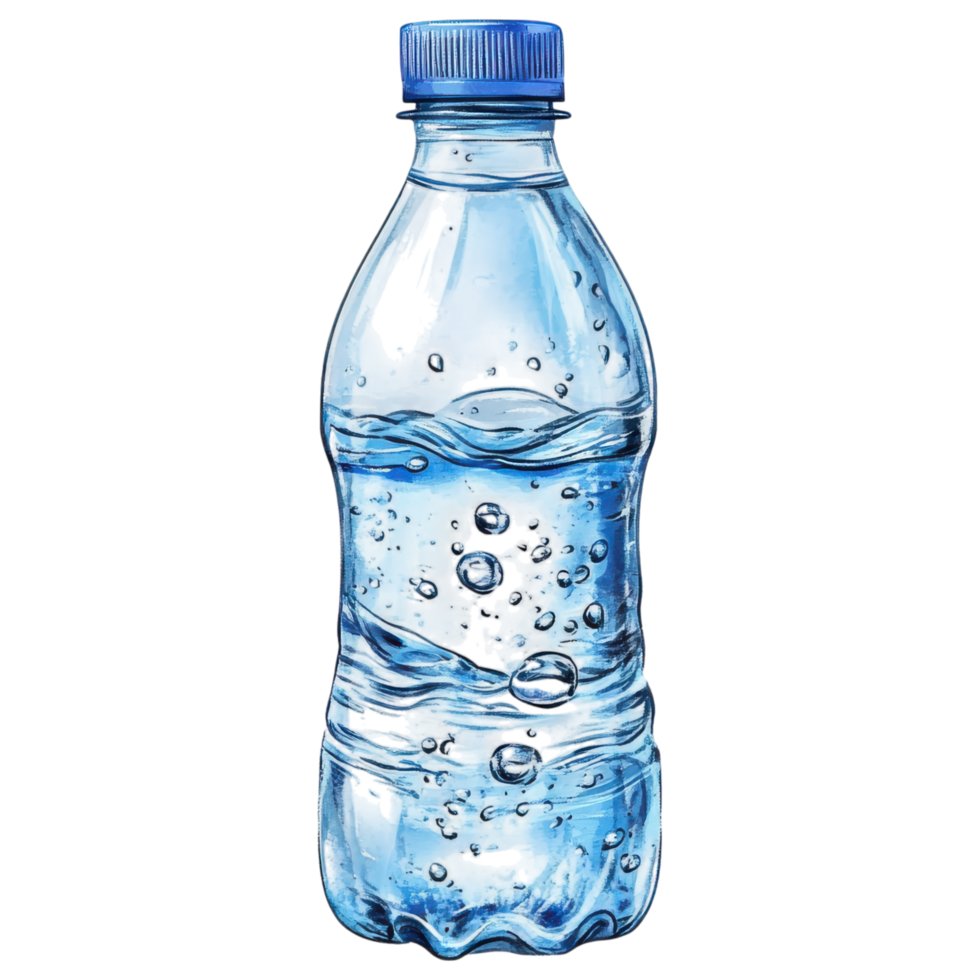 Refreshing blue tinted mineral water bottle with bubbles and clarity clip art on a transparency background png