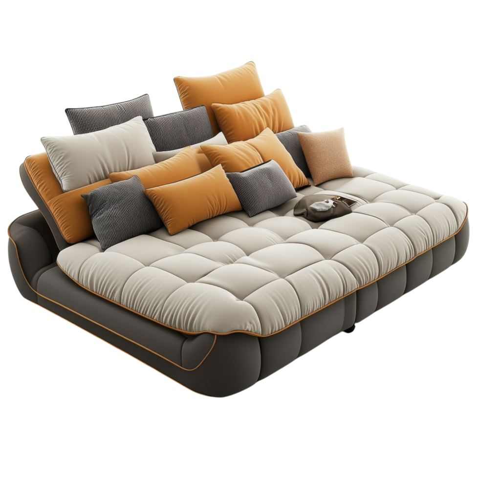 Multi functional sofa bed with storage and decorative cushions clip art on a transparency background png