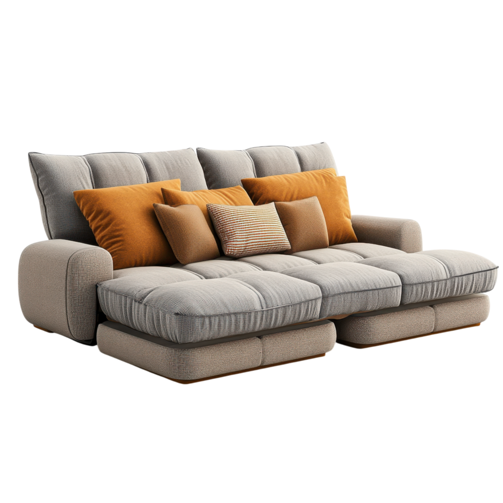 Cozy multi functional sofa bed with storage and decorative cushions clip art on a transparency background png